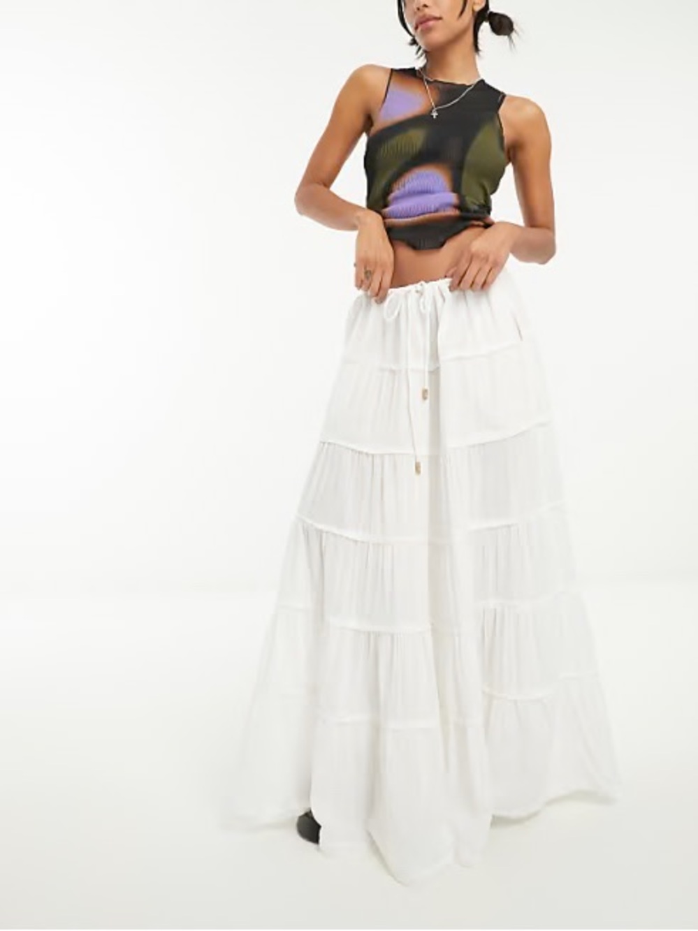 Free people tiered boho maxi skirt optic white size XL